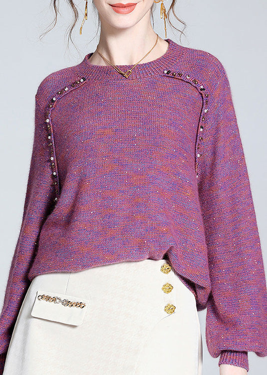 Style Purple O-neck Nail Bead Cashmere Knit Sweaters Spring
