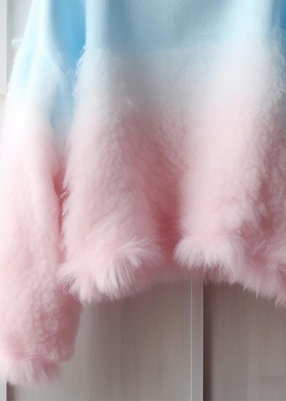 Gradient Color Fluffy Patchwork Cozy Cotton Knit Sweaters Fall