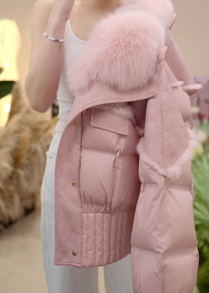 Pink Fur Collar Button Patchwork Duck Down Puffer Jacket Winter