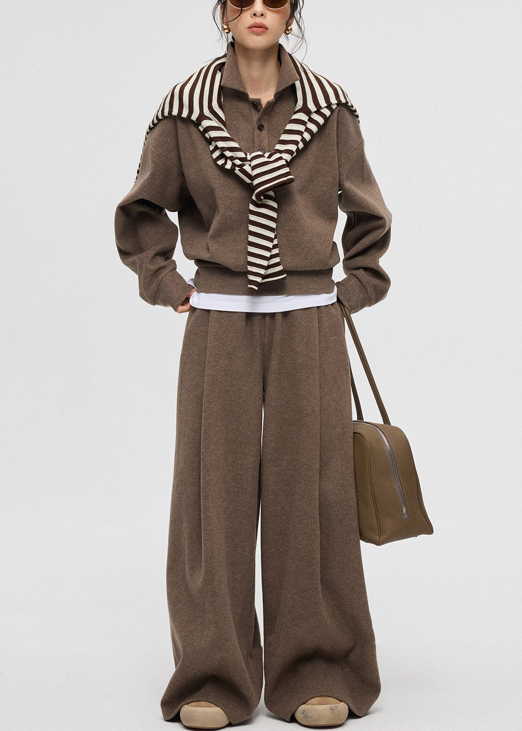 Coffee Peter Pan Collar Button Cashmere Two Piece Set Winter