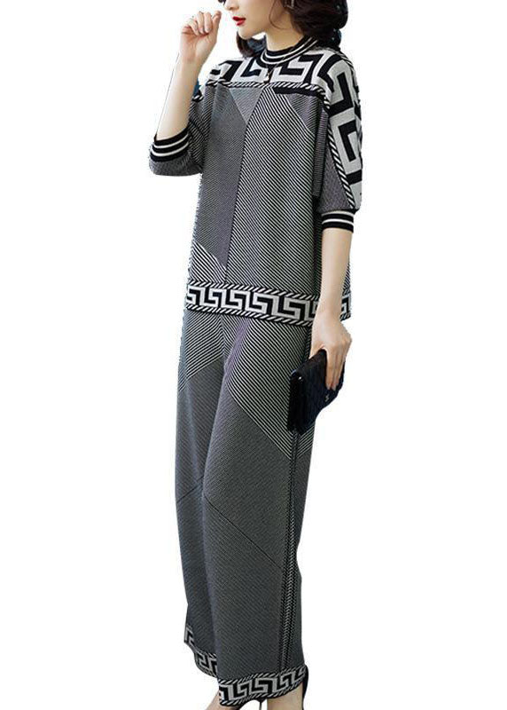 French Grey O-neck Striped Silk Sweatshirt Sets 2 Pieces Fall