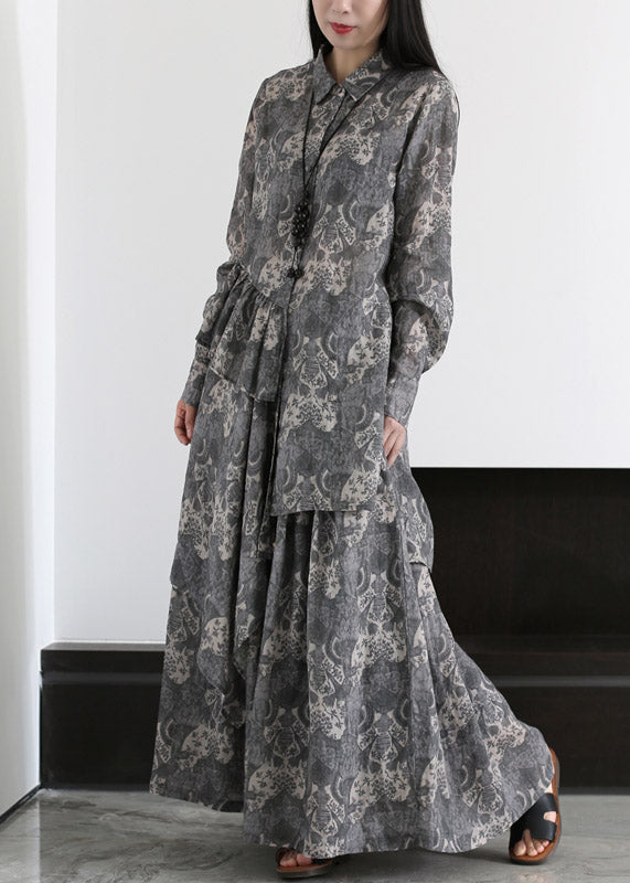 Boutique Grey Peter Pan Collar Print Shirts and Skirts Linen Two Pieces Set Spring