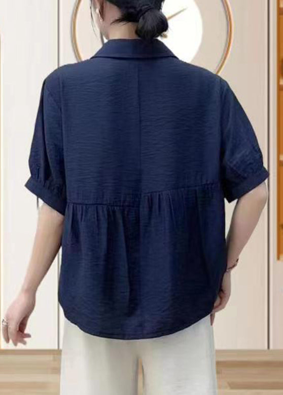 Red Peter Pan Collar Low High Design Silk Shirt Short Sleeve