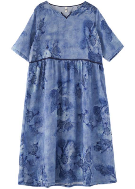 Blue Print V Neck Summer Ramie Vacation Dresses