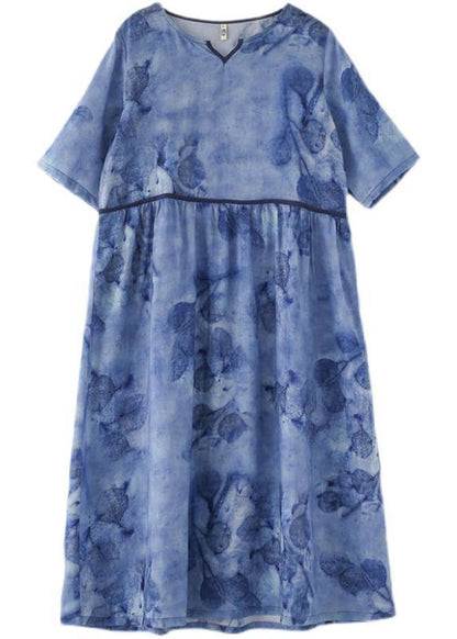 Blue Print V Neck Summer Ramie Vacation Dresses