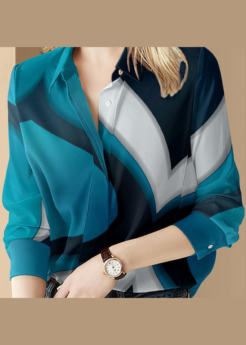 Blue Button Peter Pan Collar Print Shirt Top Long Sleeve