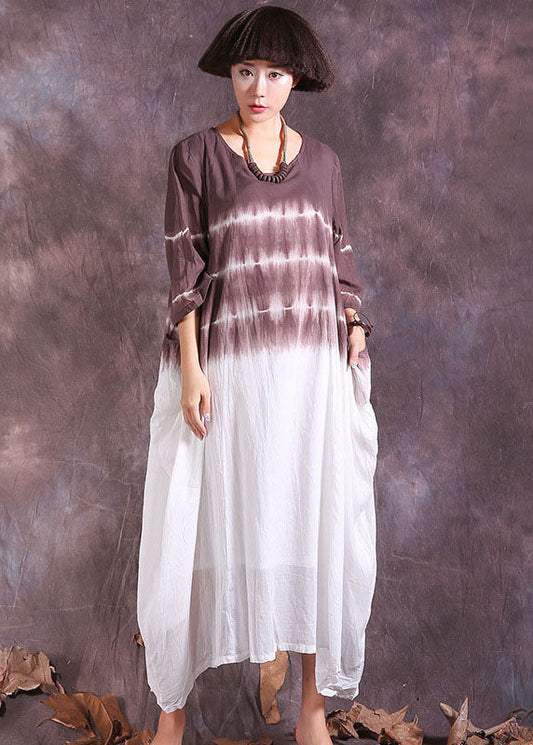Chocolate Asymmetrical Gradient Color Cotton Long Dresses Three Quarter Sleeve