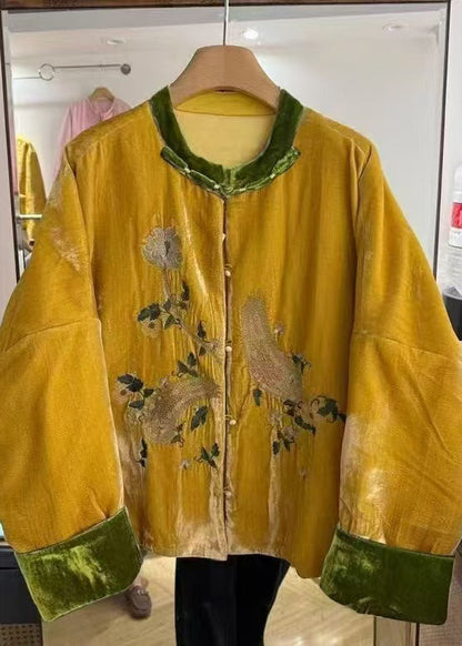 Chinese Style Embroidered Silk Velvet Fine Cotton Filled Coats Winter