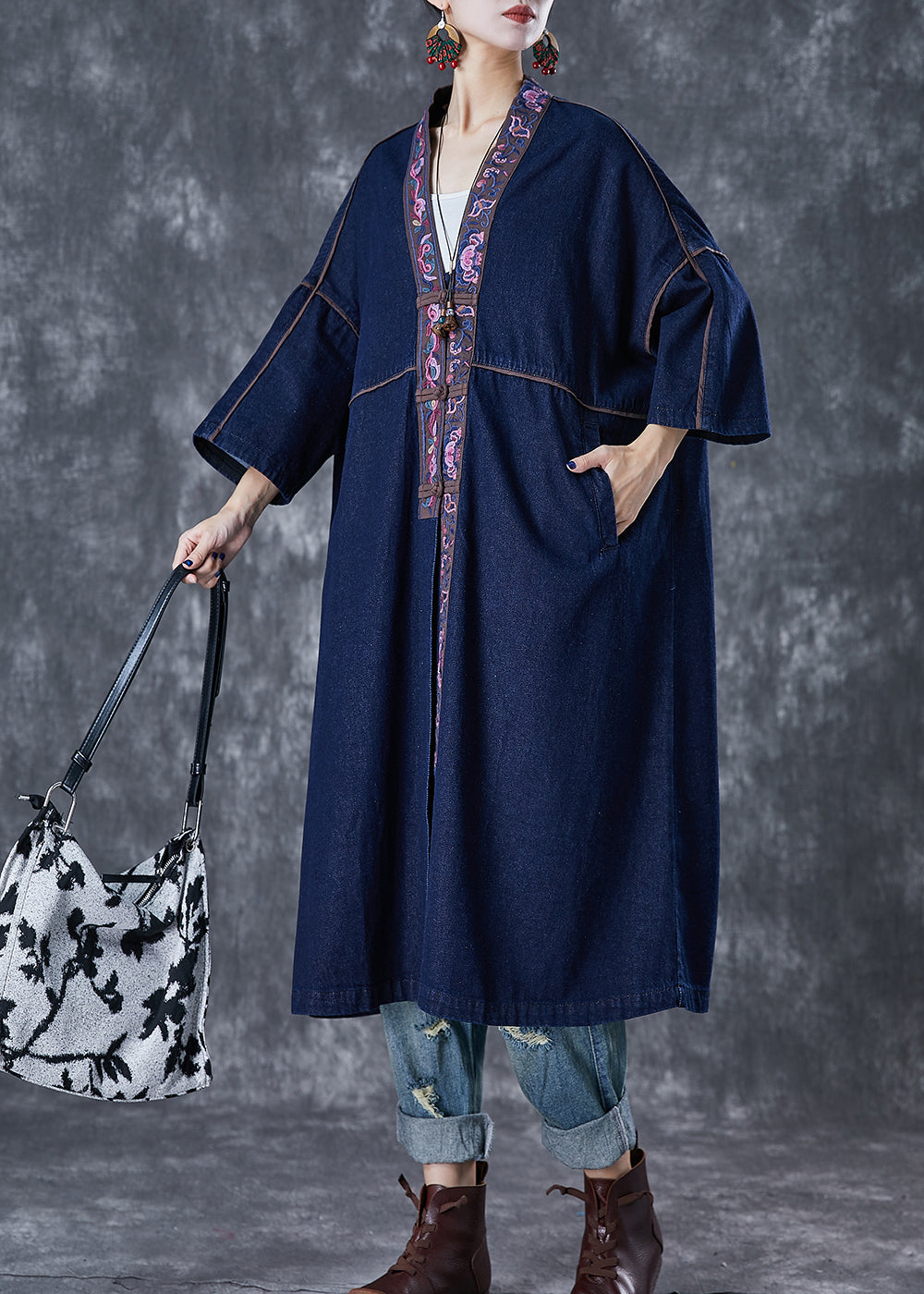 Navy Embroideried Chinese Button Denim Trench Fall