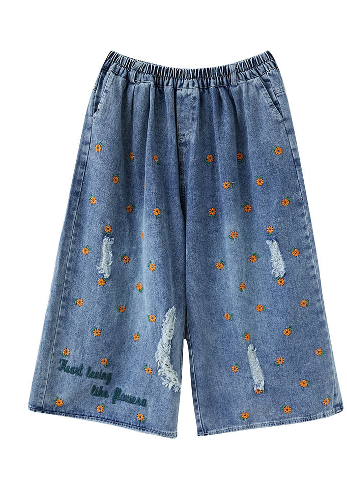 Blue Daisy Embroideried Pockets Cotton Denim Straight Pants Summer