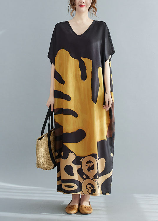 Loose Black V Neck Oversized Leaf Print Chiffon Long Dress Short Sleeve Summer