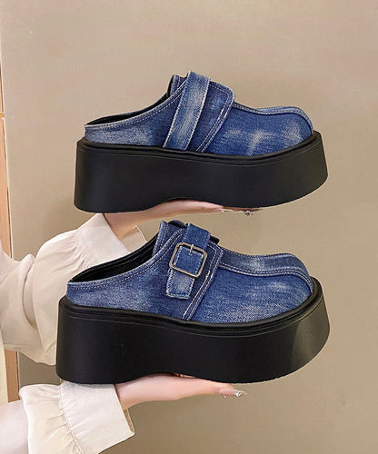 Splicing Platform Blue Cotton Fabric Slide Sandals
