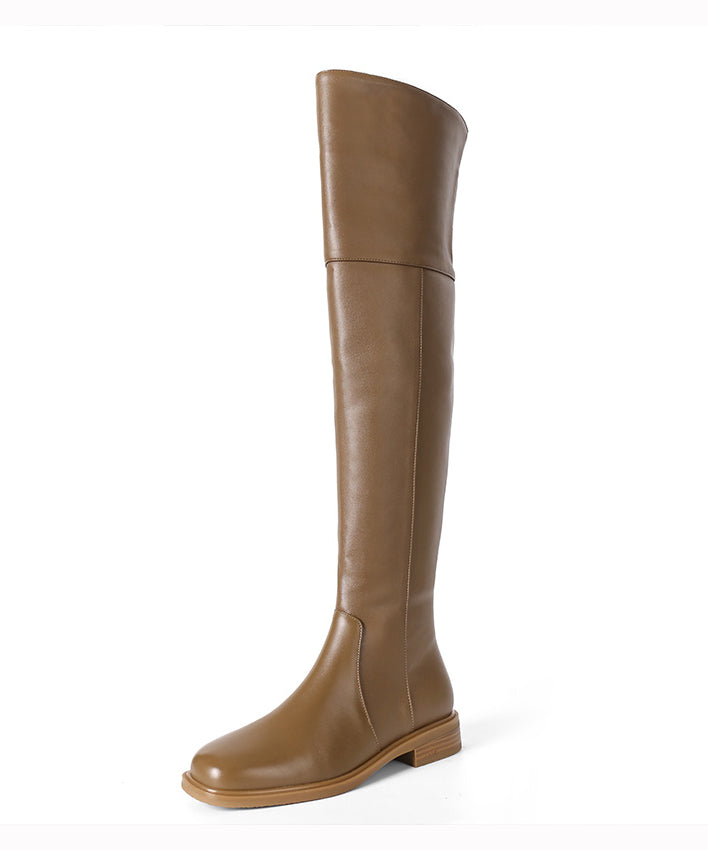 Apricot Zip Up Splicing Cowhide Leather Knee Boots