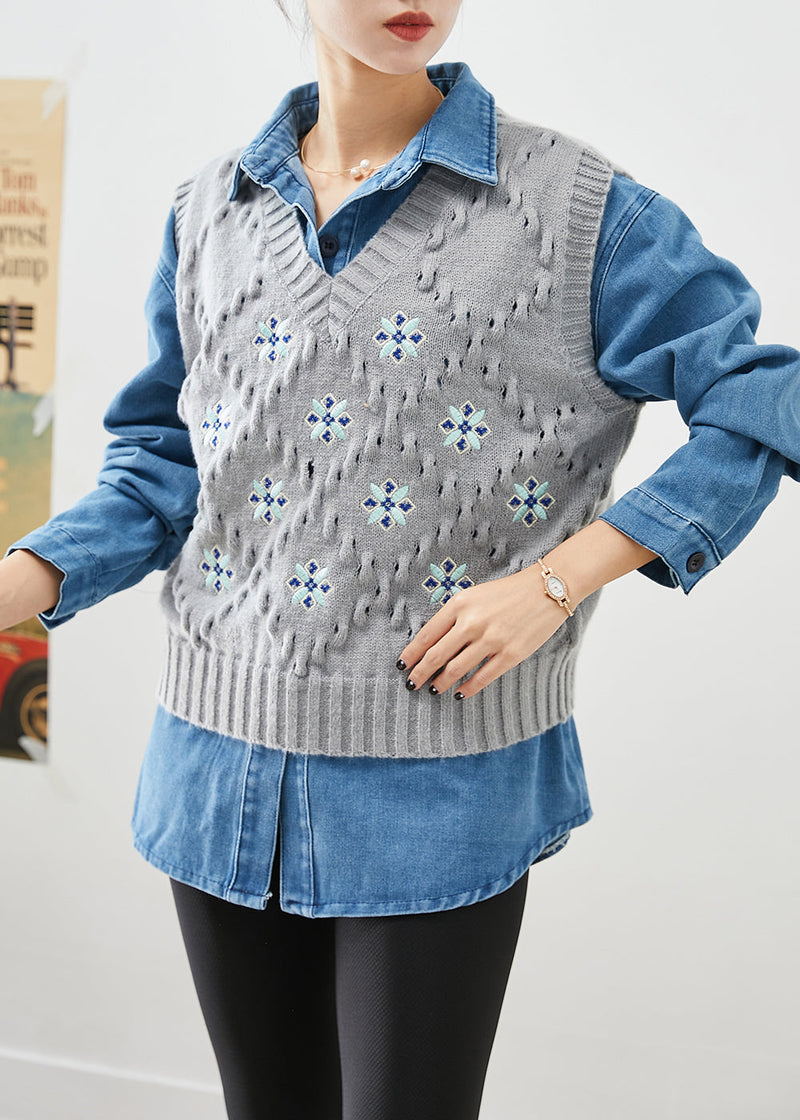 Oversized Thick Knit Vest and Denim Shirt Two Piece Set Outfits Fall