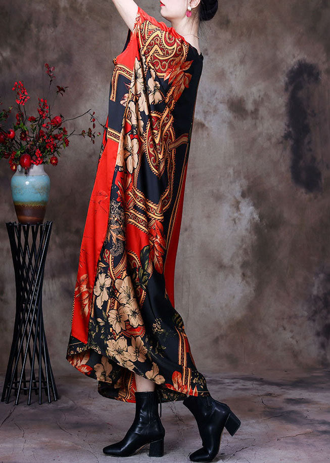 Red O-neck Oversized Print Silk Long Dress Short Sleeve
