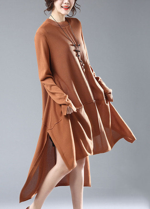 Simple Caramel O Neck Low High Design Patchwork Knit Knitwear Dress Spring