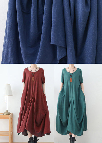Blue Exra Large Hem Pockets Cotton Long Dresses Short Sleeve