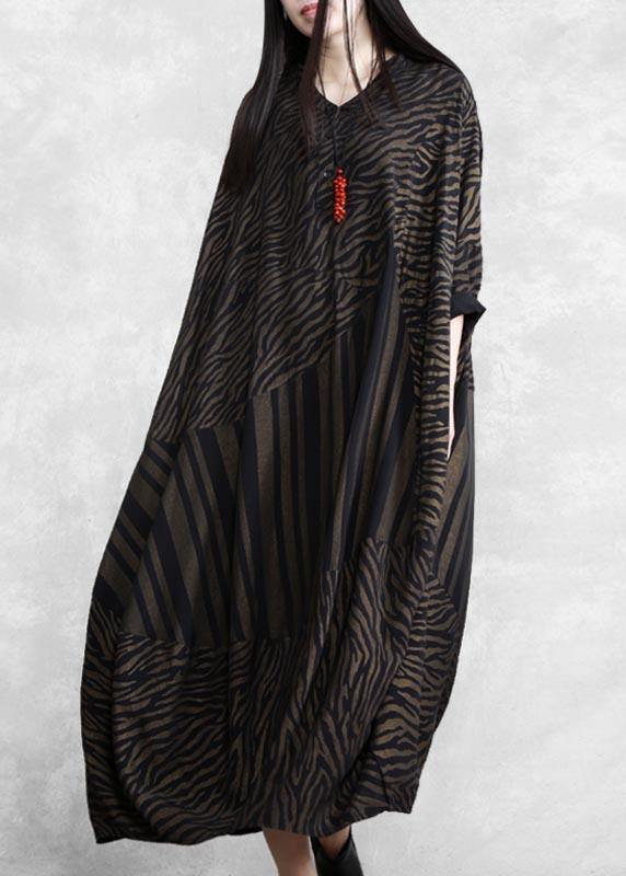 Handmade V Neck Asymmetric Spring Clothes Work Chocolate Striped Robe Dress