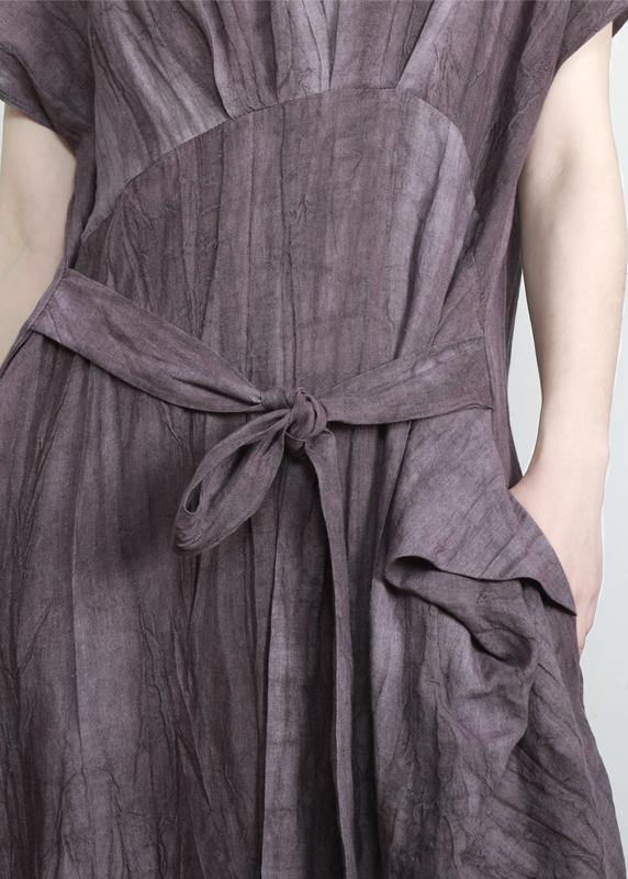 Purple Pockets Linen Batwing Sleeve Summer Robe Dresses