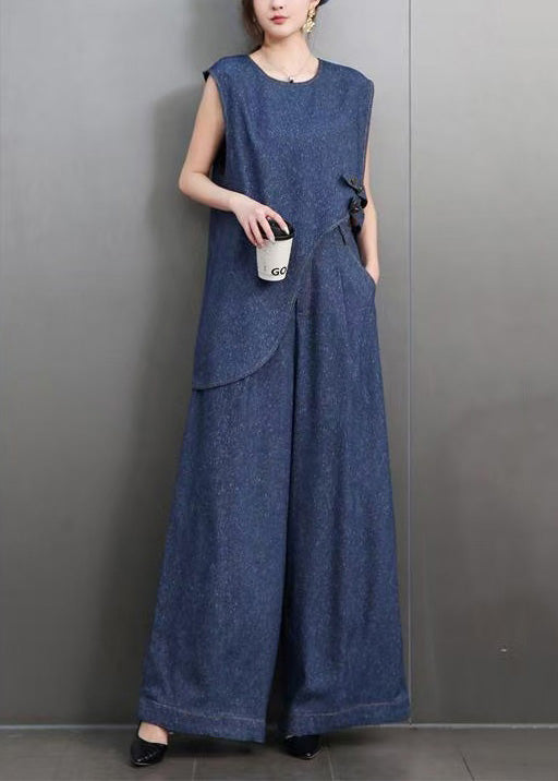 French Navy Asymmetrical Design Denim Two-piece Set Sleeveless