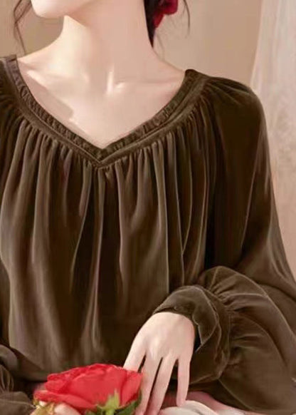 Simple Coffee V Neck Wrinkled Silk Velour Shirt Spring