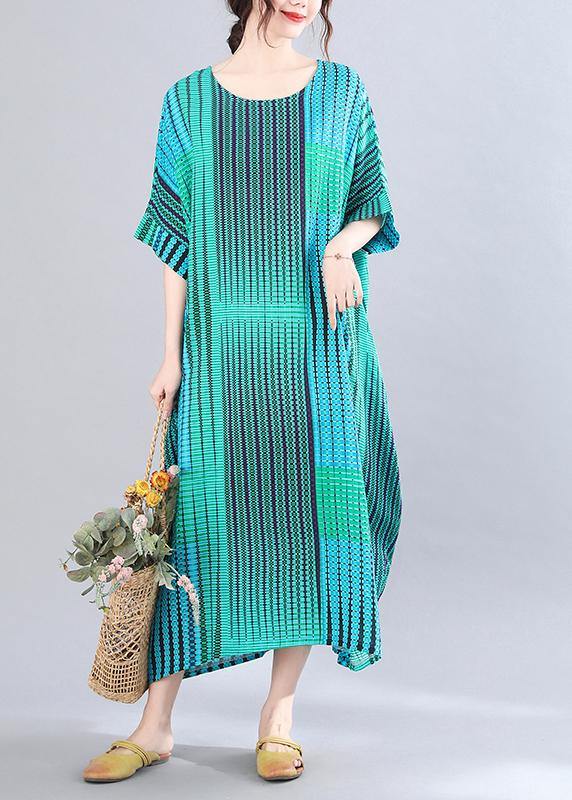 Blue Striped O-neck Short Sleeve Holiday Summer Cotton Dress