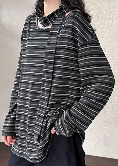 Striped O-neck Side Open T Shirt Spring