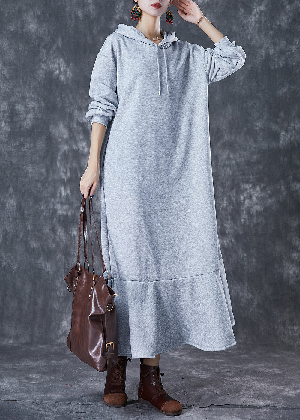 Stylish Grey Hooded Patchwork Ruffles Cotton Pullover Dress Fall