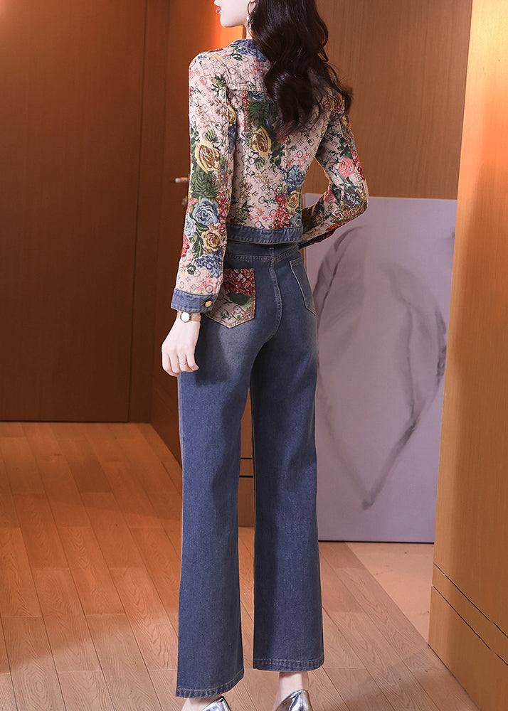 Italian Blue O Neck Button Print Denim Two-piece Set Spring