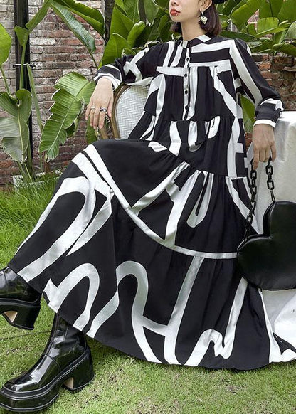Italian Black Patchwork Button Print Fall Long Sleeve Party Dress