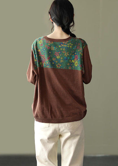 Loose Chocolate O-neck Button Patchwork Print Knit Tops Long Sleeve