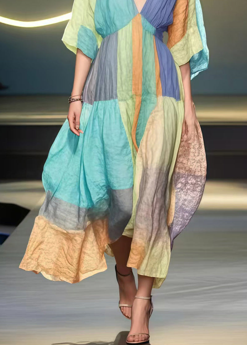 French Rainbow V Neck Patchwork Cotton Holiday Dress Summer