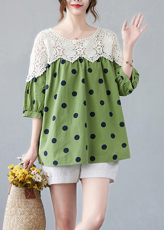 Green O-neck Dot Lace Patchwork Top Summer