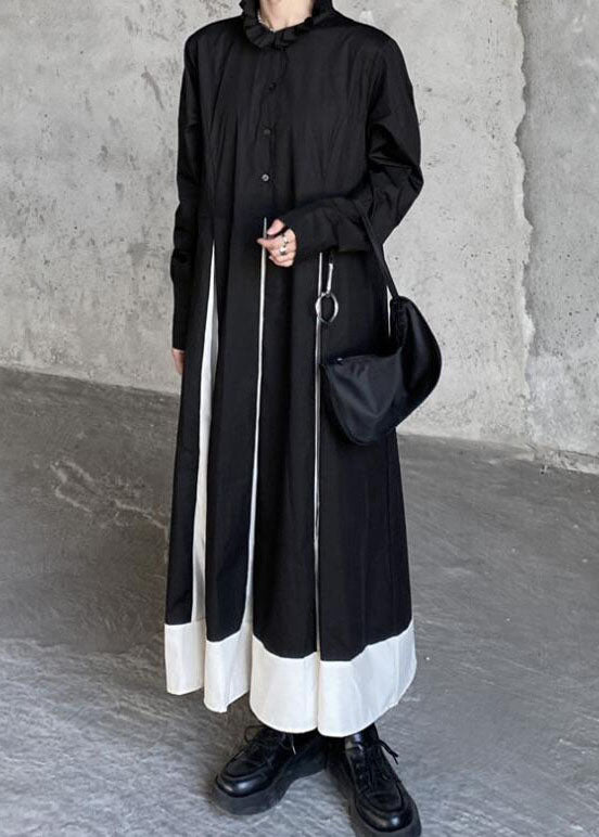 Black Stand Collar Patchwork Exra Large Hem Cotton Shirts Dresses Spring