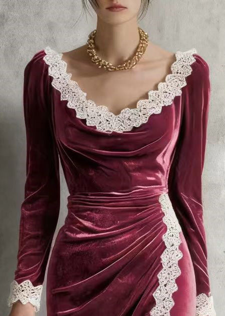 Mulberry O-neck Lace Patchwork Silk Velvet Mid Dress Spring