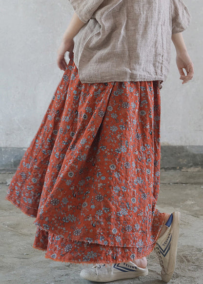 Red Elastic Waist Tie Waist Print Cotton Skirts Spring