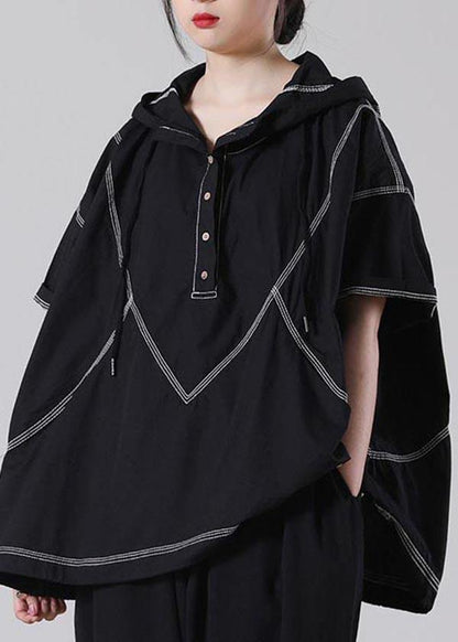 Drawstring Black Drawstring Cotton Blouses Summer