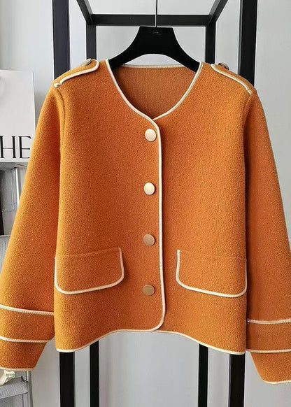 Beige O Neck Pockets Woolen Short Coat Fall