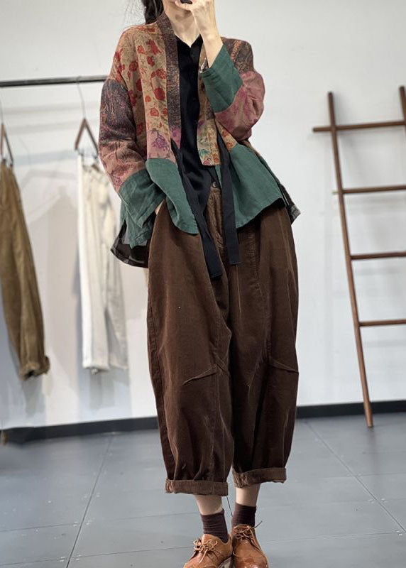 Green Tie Waist Patchwork Print Linen Cardigan Fall