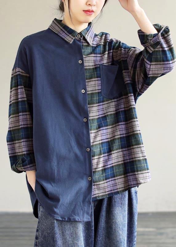 Simple Lapel Patchwork Tops Blouses Wardrobes Blue Plaid Blouse