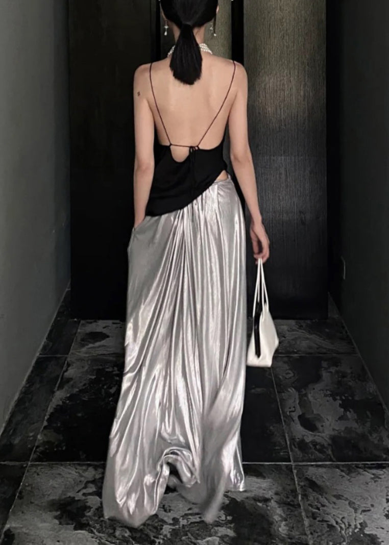 Black Asymmetrical Tops and Silver Pants Cotton Two Pieces Set Sleeveless