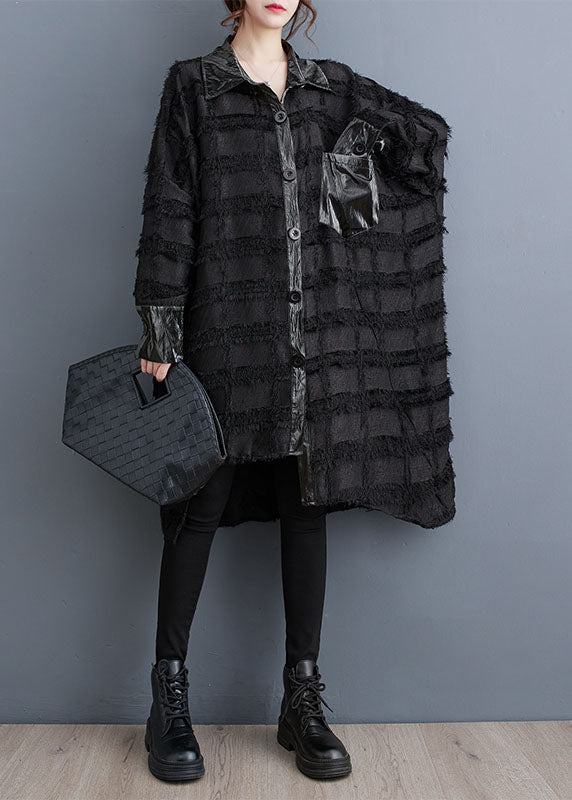 Black Asymmetrical Pockets Patchwork Button Trench Coats Fall