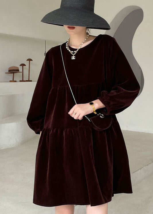 Chocolate O-neck Velour Vacation Dress Spring