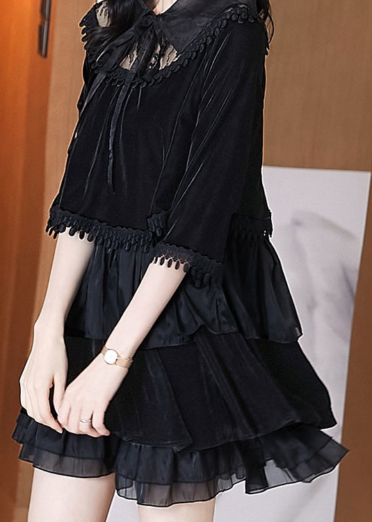 Black Ruffled Tasseled Patchwork Velour Mid Dress Fall