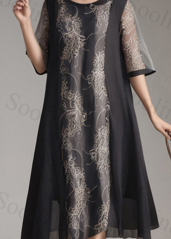 Black O Neck Print Patchwork Silk Dress Summer