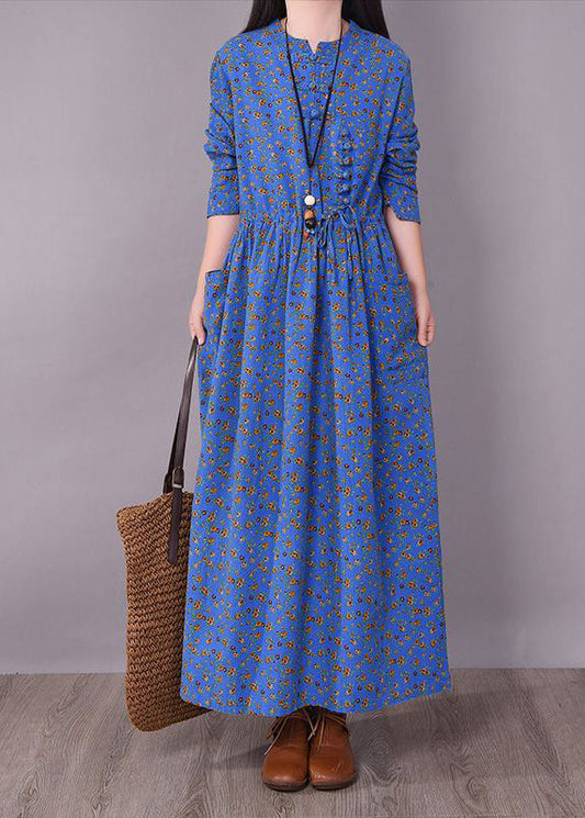 Blue O-neck Wrinkled Print Linen Dress Long Sleeve