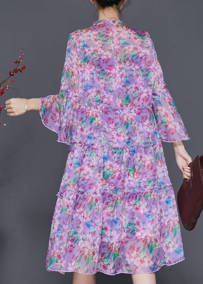 Diy Purple Ruffled Print Exra Large Hem Chiffon Dress Summer