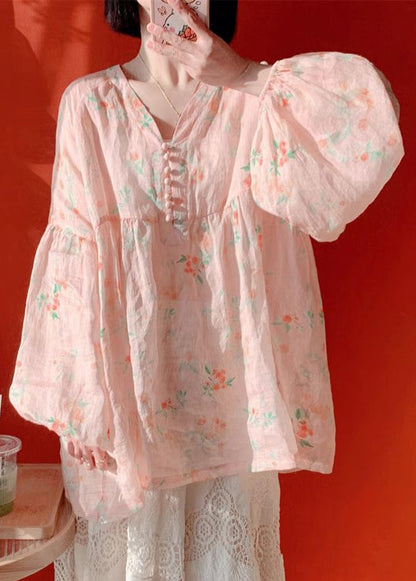 Pink Button Print Cotton Blouse Lantern Sleeve