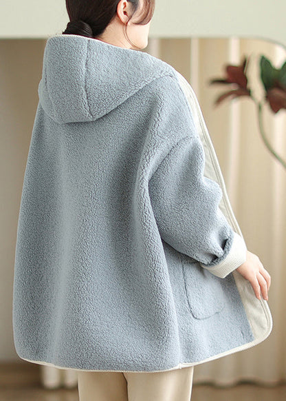 Apricot Hooded Pockets Patchwork Faux Fur Warm Fleece Coat Winter