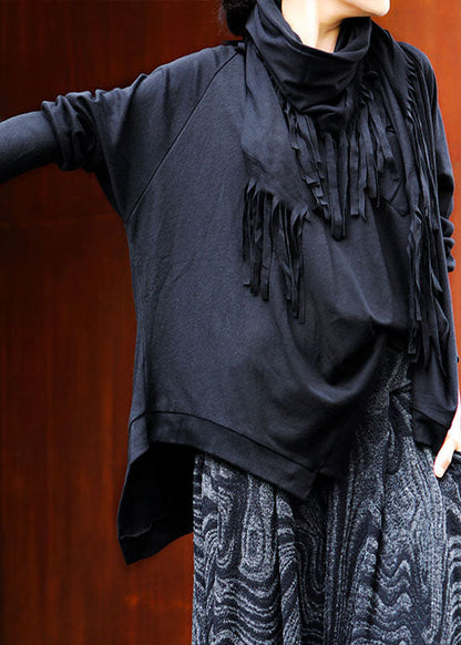 Black O-neck Tasseled Asymmetrical Design Spring Tops Long Sleeve